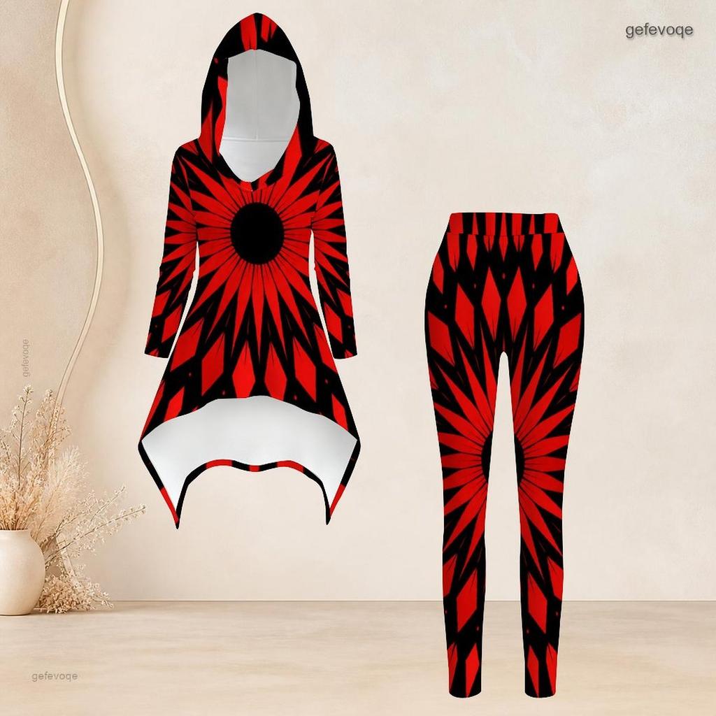 Women Plus Size Abstract Printed Hooded Long Sleeve High Low Top And Fitted Pants Two Piece Set