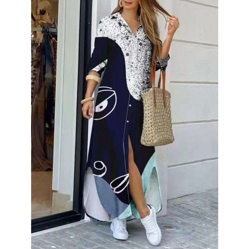 YYFS Women's Fashion Spring Fall Colour Block Print Long Sleeve POLO Neck Loose Waistline Casual Dresses