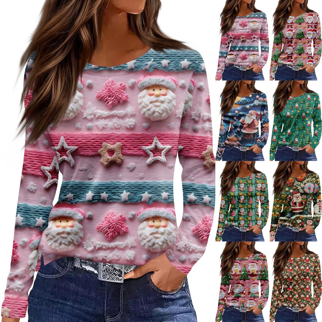 Women's Fashion Hem Slit Casual Christmas Printed Round Neck Long Sleeve Top