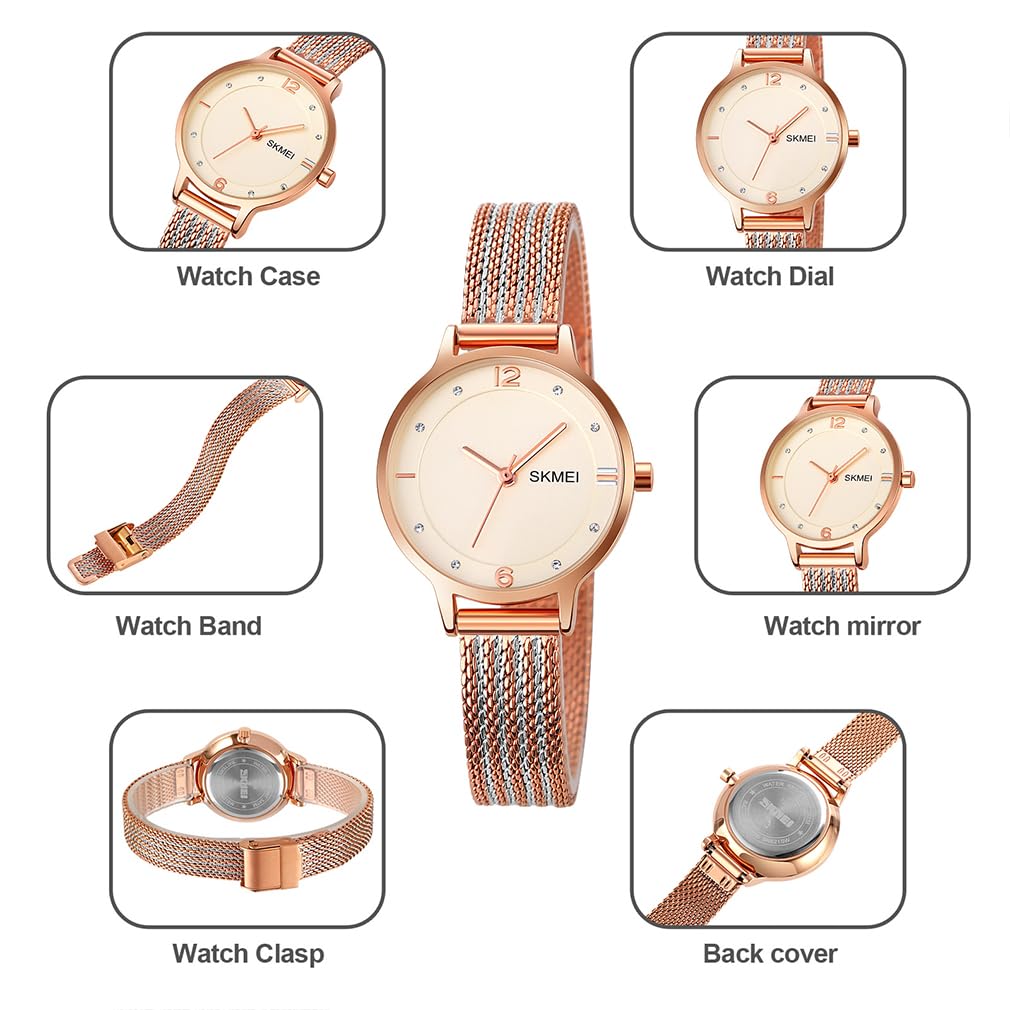 SKMEI Women's Watch Simple Ultra-thin Quartz Brand Cute Fashionable Waterproof Business Mesh Stainless Steel Gift White Rose Gold