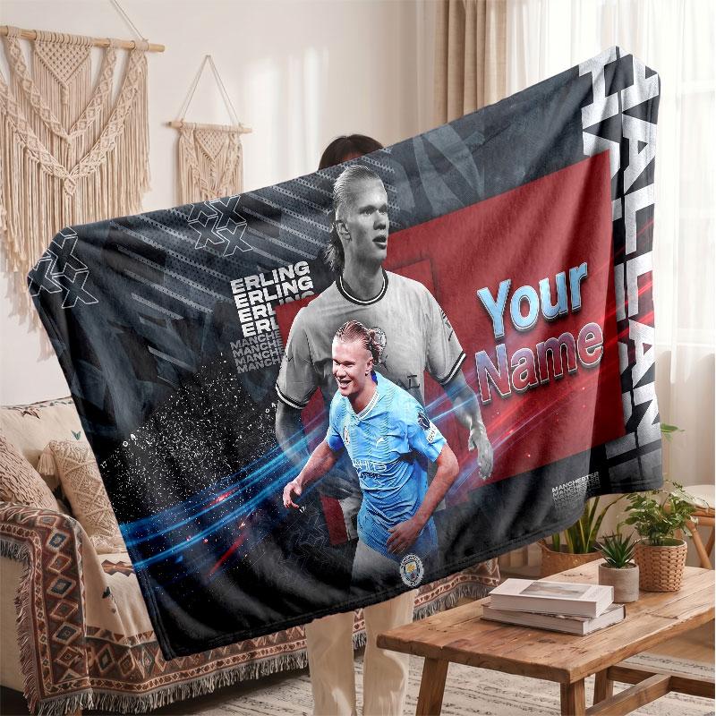 Erling Haaland Personalized Fleece Blanket With Football Logo, Custom Name Text Soft Warm Home Throw Blanket