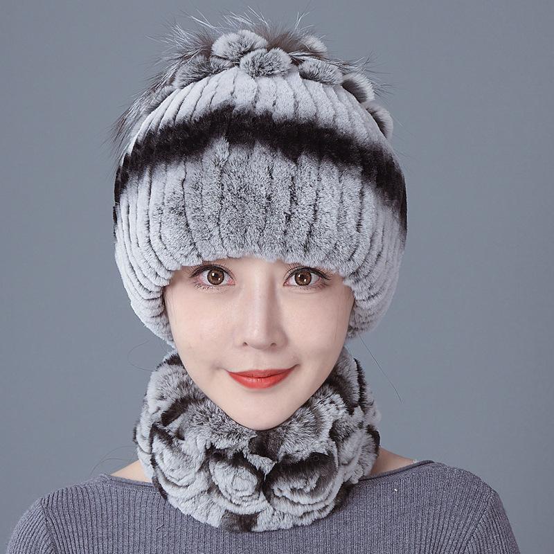 Шапка из меха кролика, женская зимняя мода, универсальная, теплая, зимняя защита для ушей, шарф из меха кролика Рекс, комплект из двух предметов, меховой костюм из меха