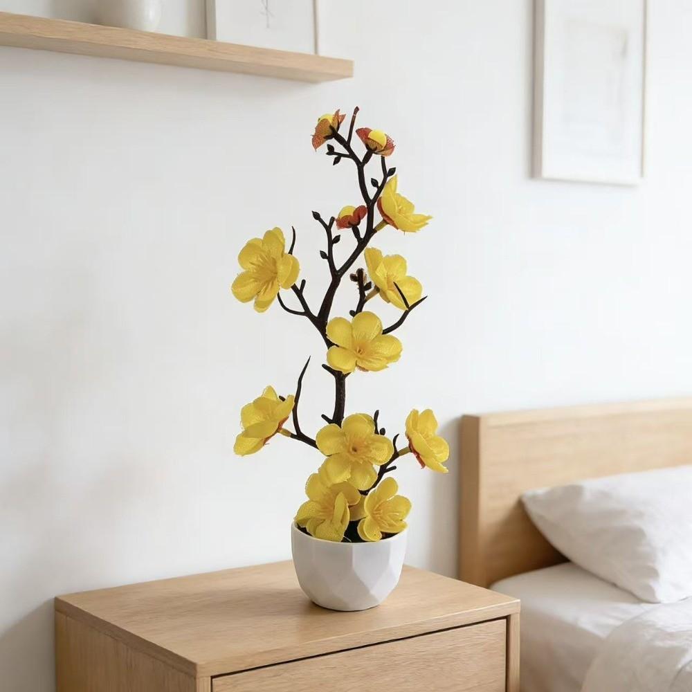 Red Fake Wintersweet Flower Bonsai with White Pot Artificial Faux Plants Living Room Ornaments