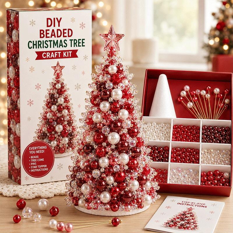 Beaded Christmas Tree DIY Kit, Colourful Plastic Bead Ornament Craft Set, Handmade Holiday Tree Making Kit for Kids Adults