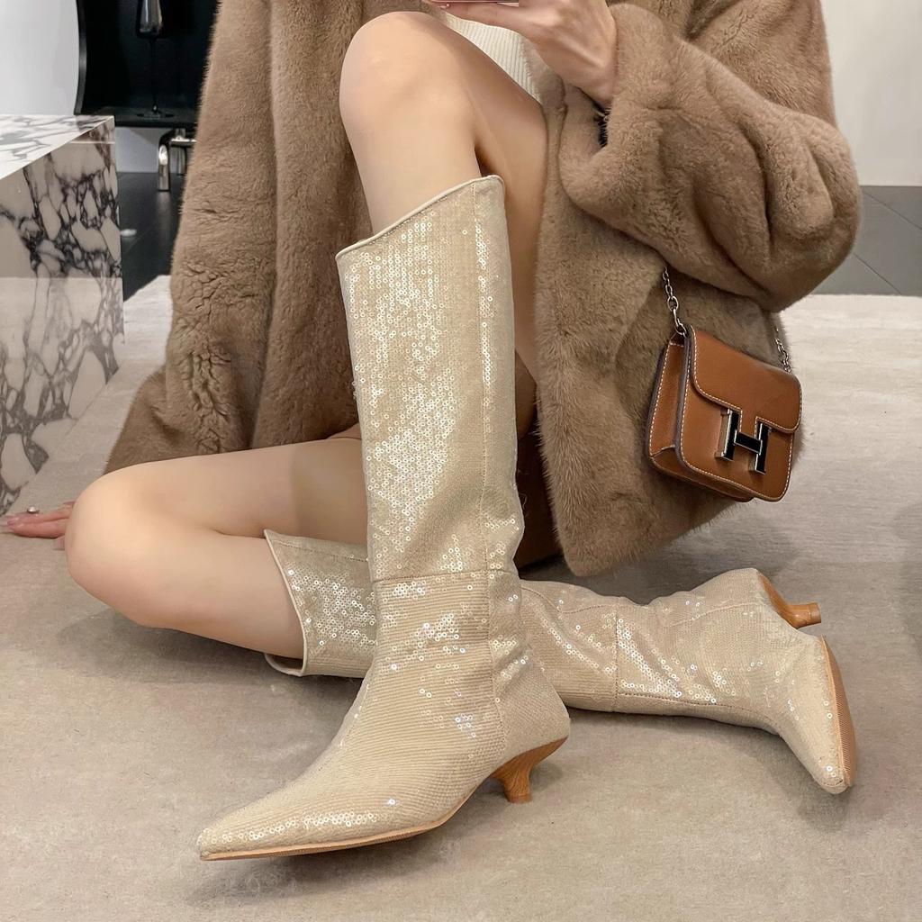 Нежные сапоги Sunset Gentle, модные сапоги цвета хаки, нежные высокие сапоги Muse с пайетками, женские сапоги 2024 года на тонком каблуке