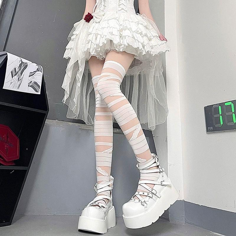 JK Lolita Girls Stockings Hollow Out Mesh Fishnet Thigh High Stockings Japan Style Cute Bowknot Lace Ruffle Long Socks Stockings