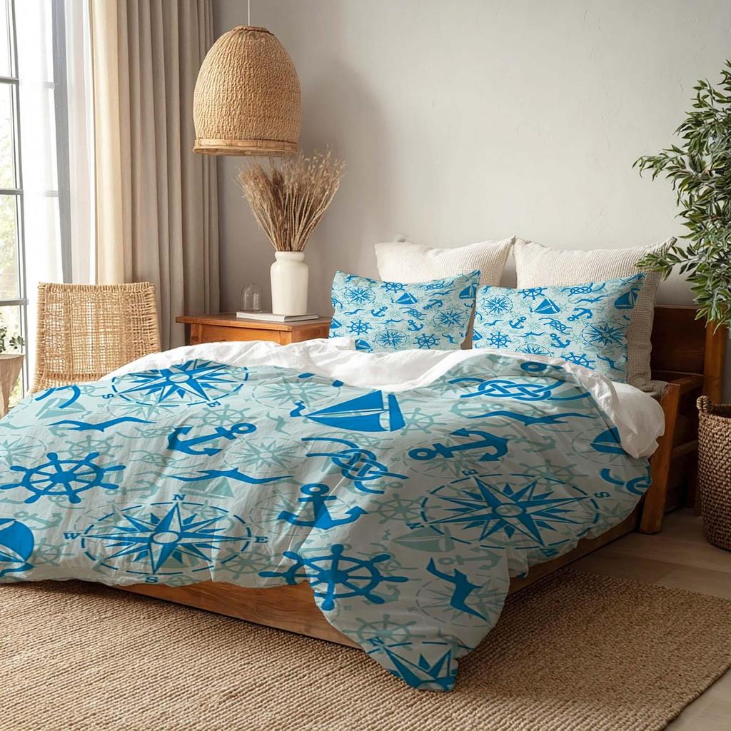 Custom Nautical Blue Duvet Cover Three Bedding Set Personalized Name Birthday Bedding Quilt Cover Christmas Halloween Gift.