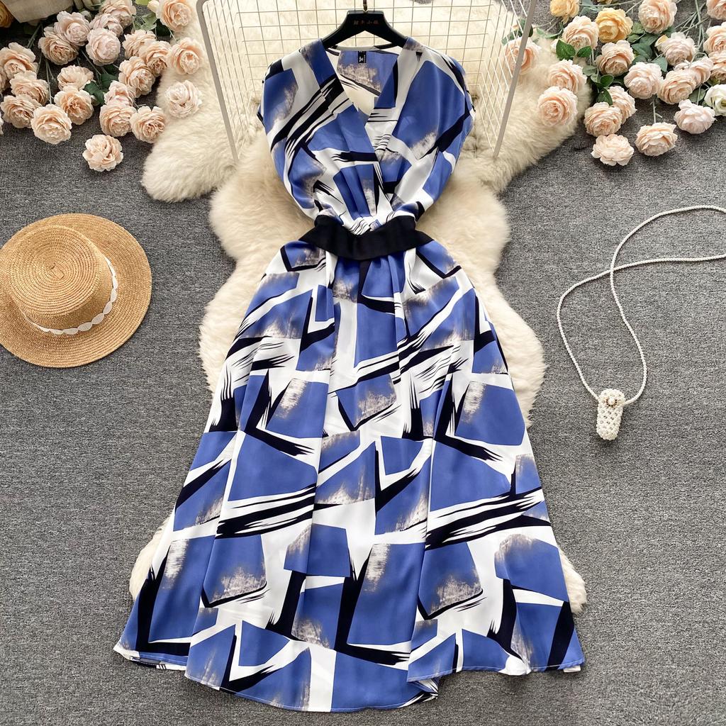 Summer Vintage Women Print Long Dress Elegant V-Neck Sleeveless High Waist A-Line Maxi Vestidos Female New Fashion Robe