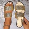 Women Slippers 2024 Summer New Patent Flat Sandals Bling Rhinestone Narrow Band Beach Casual Slippers Slides Zapatos De Mujer