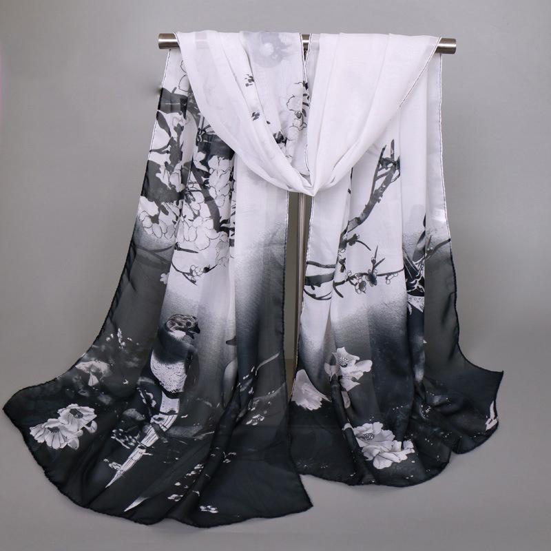 Scarves Natural Style Spring and Autumn Printed Flowers and Birds Rectangle Sun Protection Chiffon Scarf