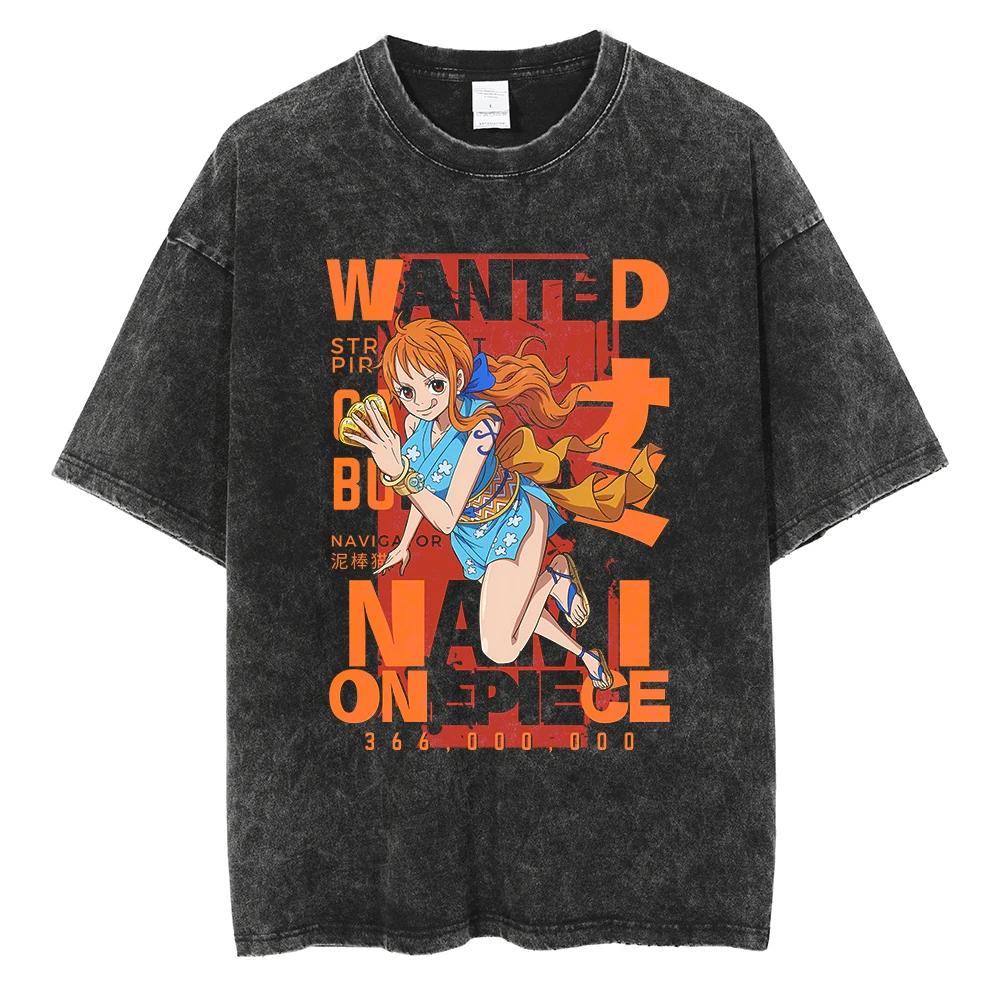 Harajuku Fashion Vintage TShirt Japanese ONE PIECE Anime Graphic Oversize T Shirt Washed Tshirt Men Summer Cotton Tops Tees