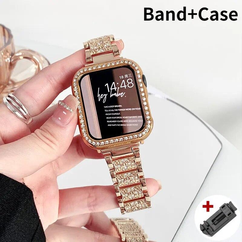 Чехол с бриллиантами + ремешок для Apple Watch Series 8, 7, 41 мм, ультра, 49 мм, 45 мм, ремешок из нержавеющей стали для iwatch 9 se 6, 5, 4, 3, 40 мм, 44 мм, 38 мм, 42 мм, металлический ремешок для часов