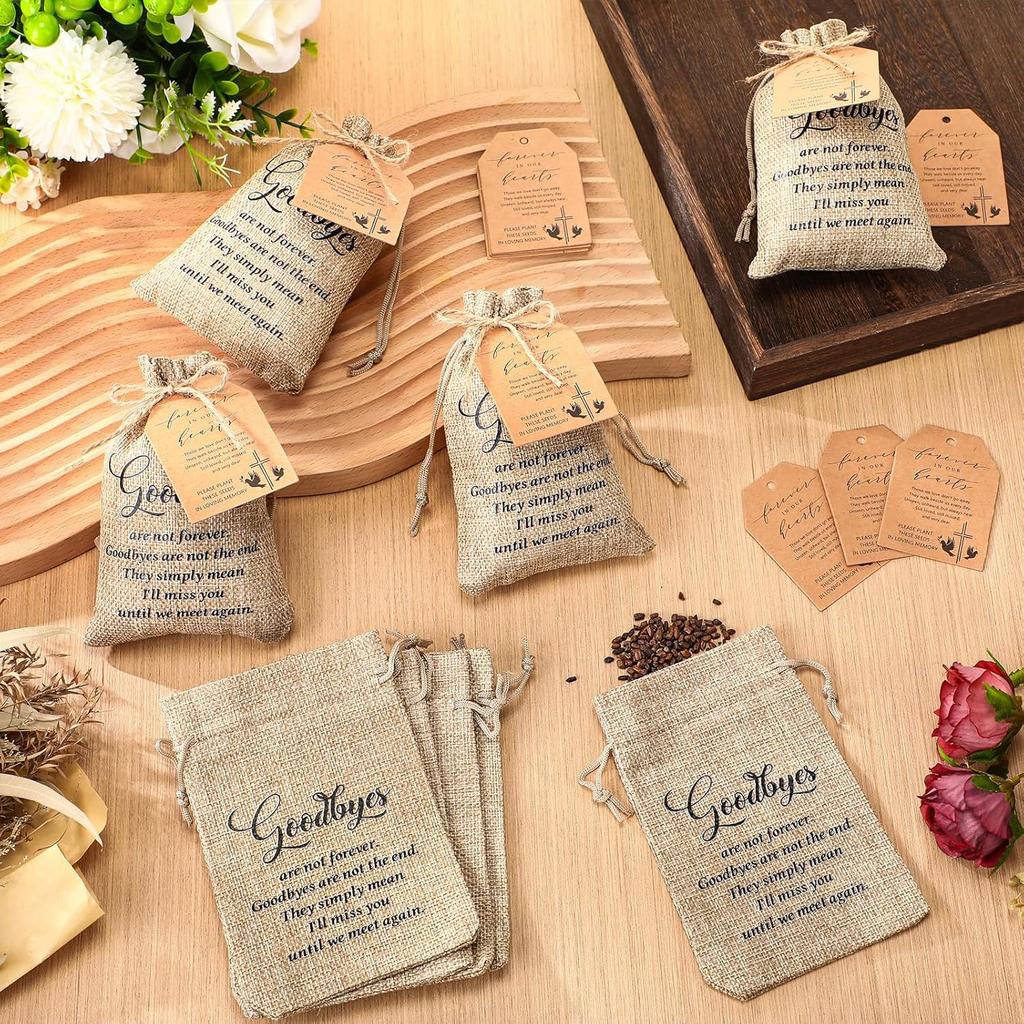 Tanlade 50 Наборов Подарков на Поминки Навсегда в Наших Сердцах Органайзер для Пакетиков с Семенами Подарочный Мешочек из Мешковины с Молитвенными Метками и Шпагатом для Празднования