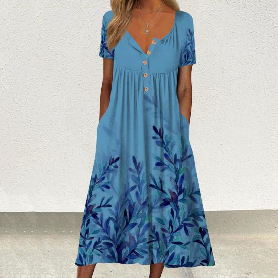 Женское летнее платье с принтом листьев, длиной до середины икры, с v-образным вырезом и карманами, плиссированное, повседневная одежда, с короткими рукавами, свободный подол, женское пляжное платье, женская одежда
