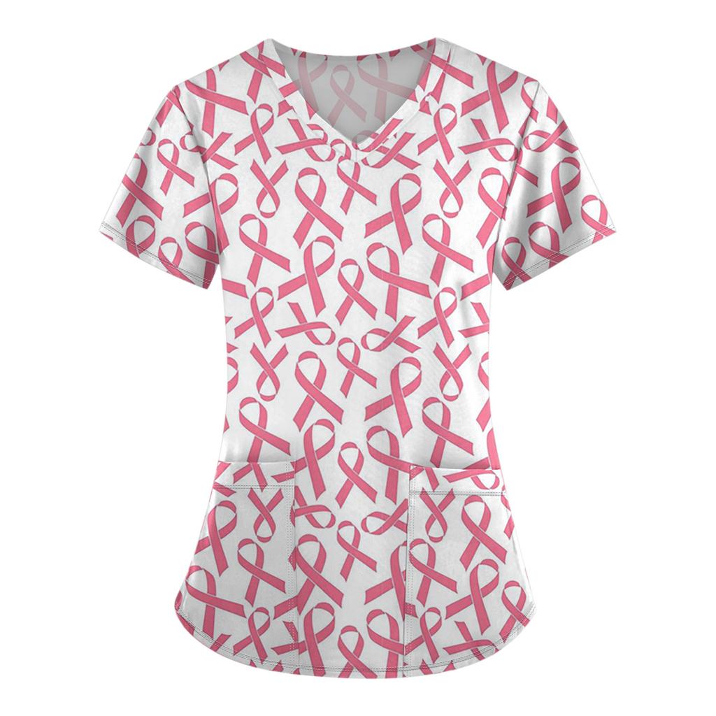 Женская модная рабочая одежда с v-образным вырезом и коротким рукавом с карманной футболкой с принтом.