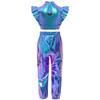 Girls Hip-Hop Dance Costume Mock Neck Rhinestone Mesh Patchwork Sleeveless Metallic Ruffle Top Paired with Shiny Cargo Pants for Competition