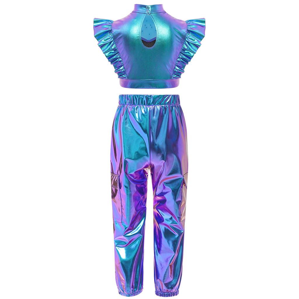 Girls Hip-Hop Dance Costume Mock Neck Rhinestone Mesh Patchwork Sleeveless Metallic Ruffle Top Paired with Shiny Cargo Pants for Competition