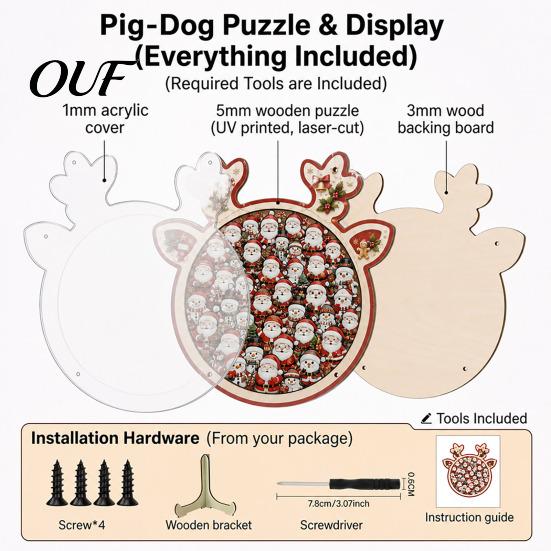 Xmas Themed Puzzle Games Christmas Reindeer Jigsaw Decoration, Santa Claus Cat Elk Theme Puzzles Toy, Festive Wooden Set for Holiday Gift