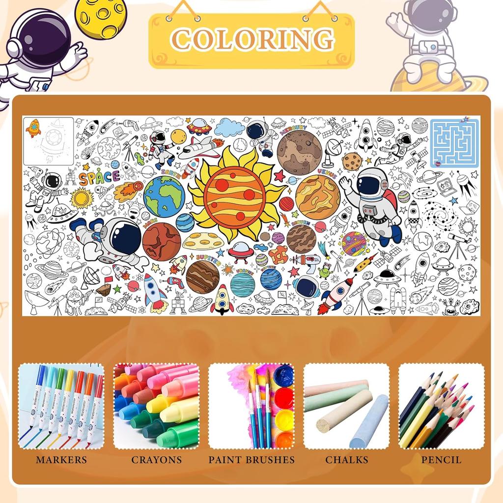 Outer Space Coloring Poster for Kids - 35.5 x 72 Inch Giant Space Activity Coloring Tablecloth for Classroom Party Supplies, Astronaut Solar System