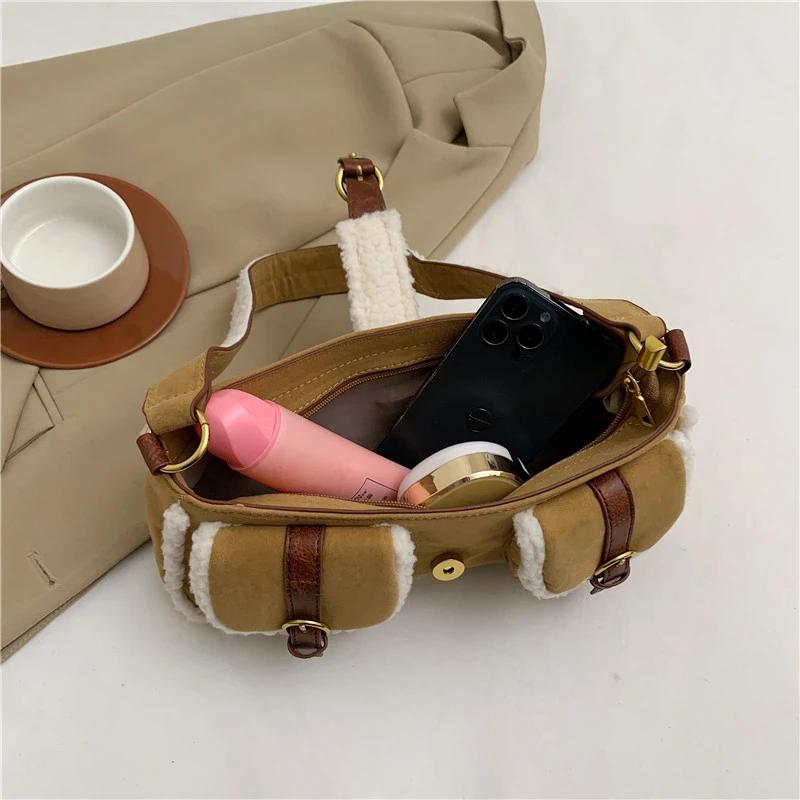 Универсальная меховая сумка через плечо с замшевыми вставками из шерсти ягненка в стиле ретро