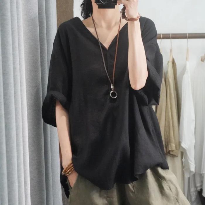 New Summer Style Half-sleeved Casual Loose Large Size Meat-covering Comfortable V-neck Top Short-sleeved T-shirt Solid Color Women's Clothing