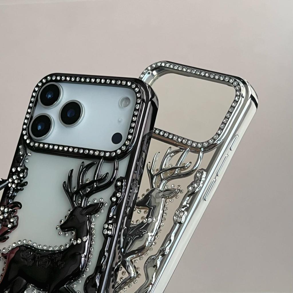 Электролитический блестящий 3D чехол с оленем и стразами для iPhone 17 Pro Max / Роскошный мягкий чехол со стразами для Apple 16, 15