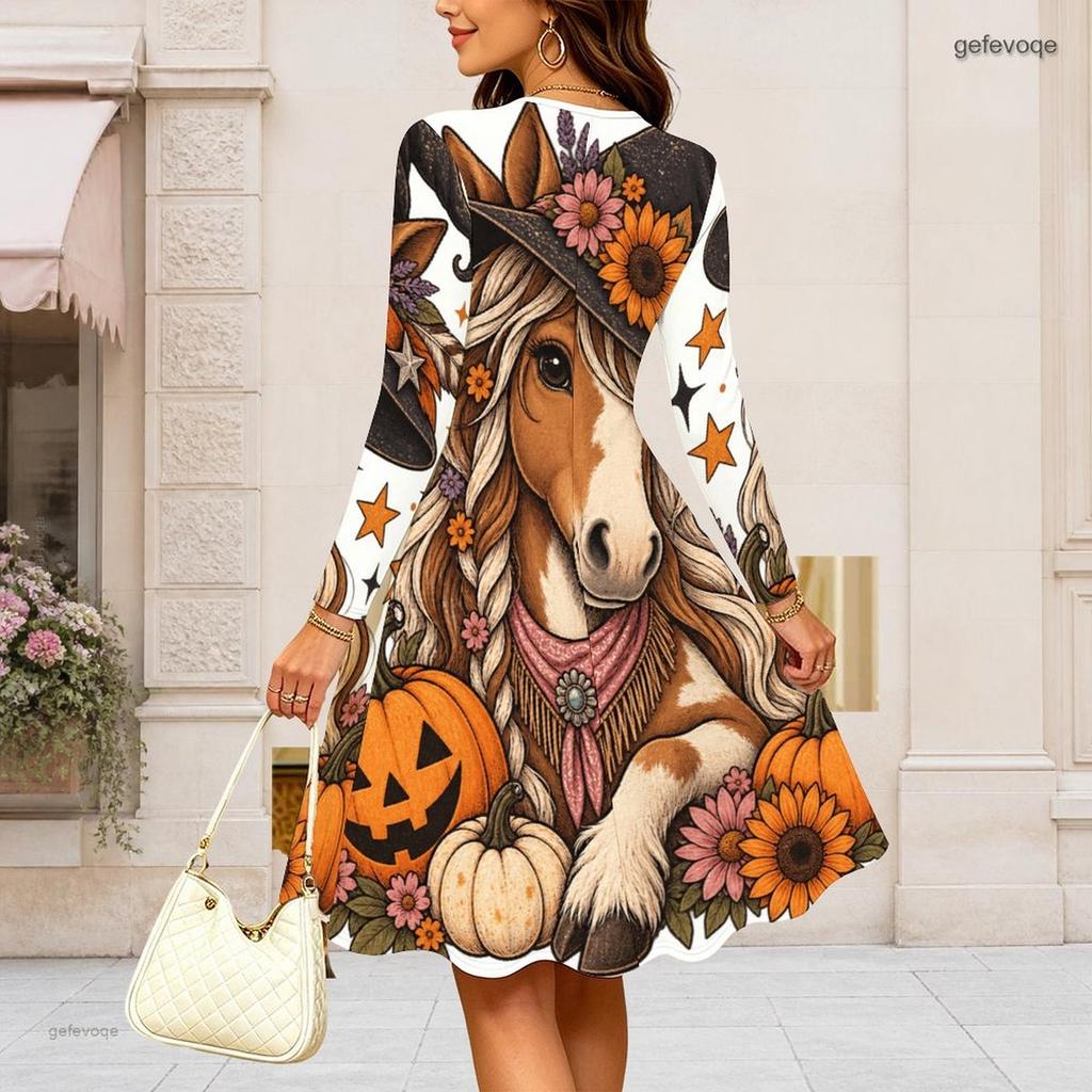 Women Plus Size Long Sleeve Round Neck Halloween Printed A Line Flared Hem Dress