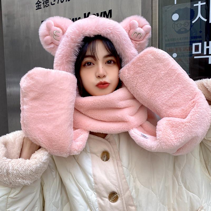 Scarf, Female Winter Bear with Hat, Korean Version of Cute Winter Integrated Thermal Gloves, Three Plush Scarves