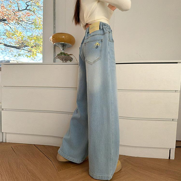 Girls' Stylish Loose Wide-Leg Jeans - Autumn 2026 Curved Leg Casual Pants for Medium & Large Children