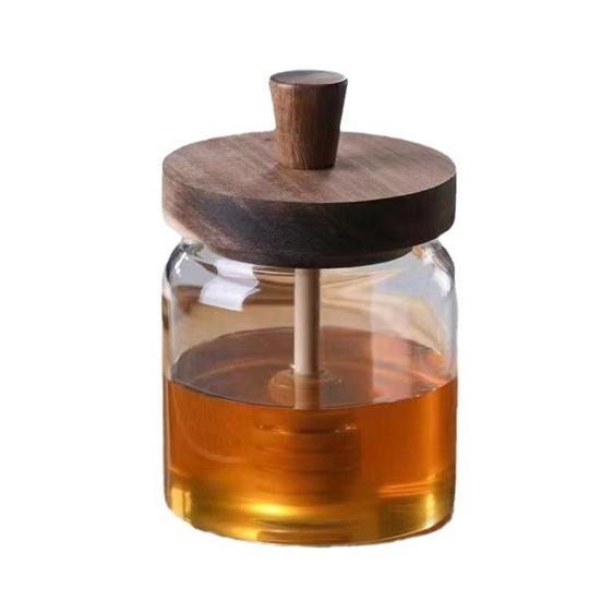Glass Honey Jar 400ml Transparent Sealed Tank with Wooden Lid Dip Sticks Airtight Canister Syrup Dispenser for Home Kitchen Bar