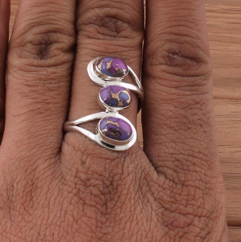 Purple Copper Turquoise gemstone Ring Solid 925 Sterling Silver Ring Three Stone Ring Handmade Designer Ring Bohemian Ring