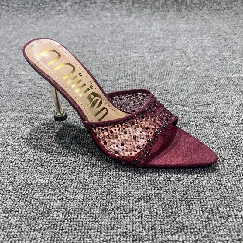 Летние женские тапочки, сексуальные, с острым носком, со стразами, сетка, женские туфли на высоком каблуке, женские туфли для вечеринки, свадьбы, невесты
