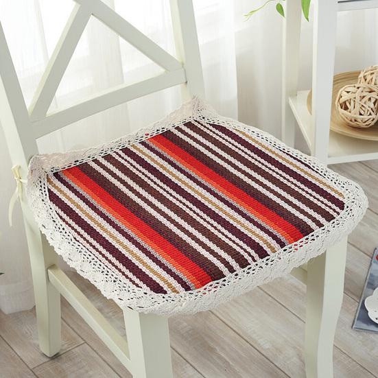 Decorative Seat Mat for Rattan Chairs Cotton Linen Chair Pad with Ties, Striped Plaid Comfortable Pads Patio Lace Trim, Breathable Dining Office Soft