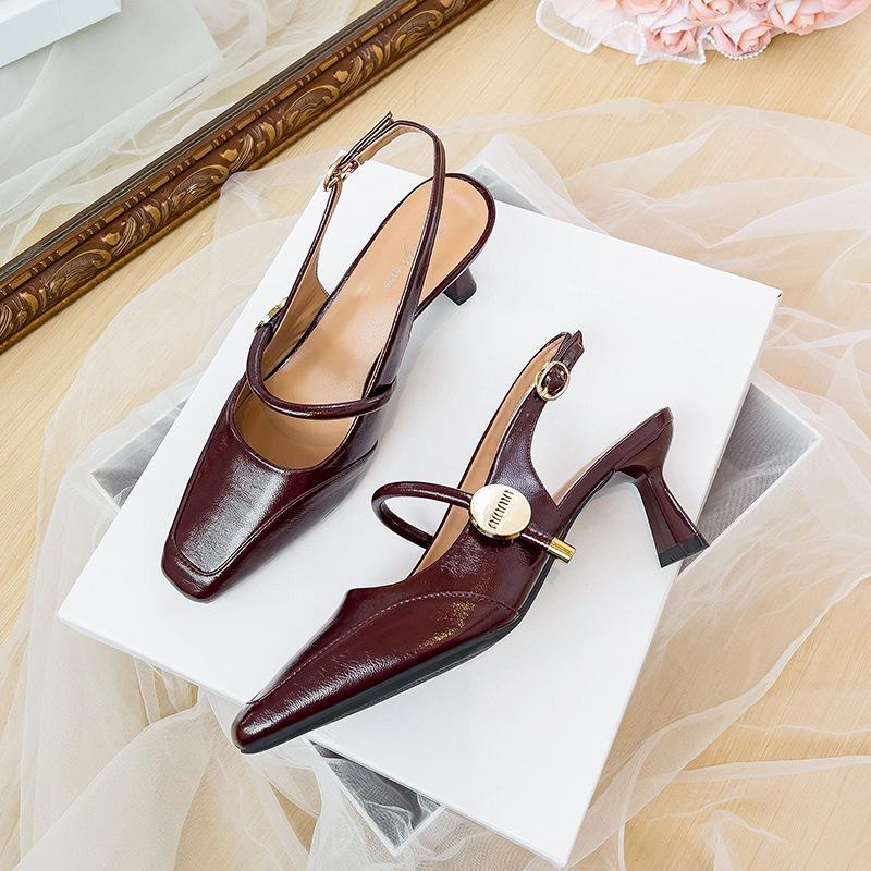 Французские туфли-сандалии с квадратным носком женские 2025 новая летняя обувь Мэри Джейн на толстом каблуке с открытой пяткой и высоким каблуком