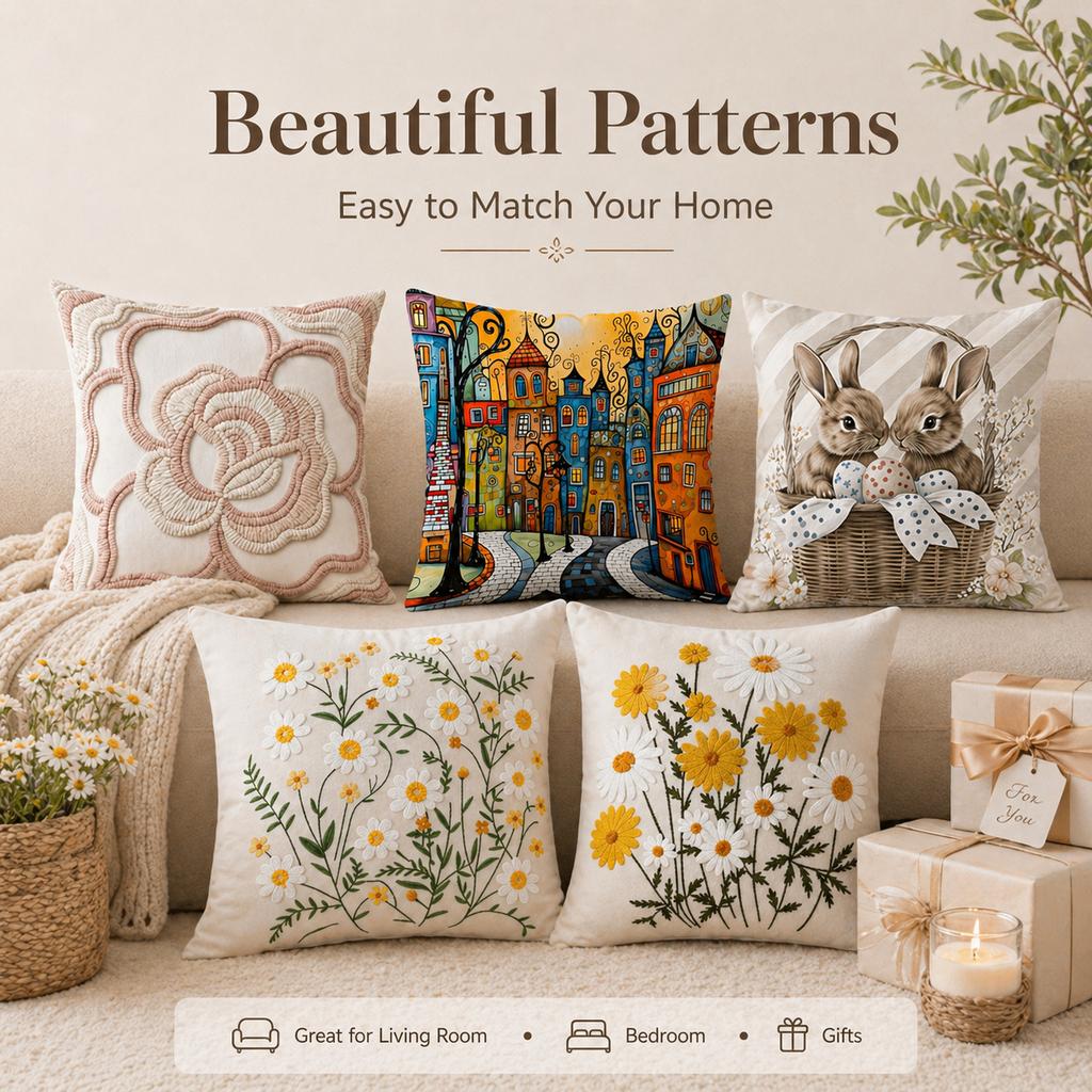 2D Flat Printed Floral Cushion Cover Peach Skin Faux Embroidery Pillowcase For Sofa Living Room Home Decor Spring Throw Pillow