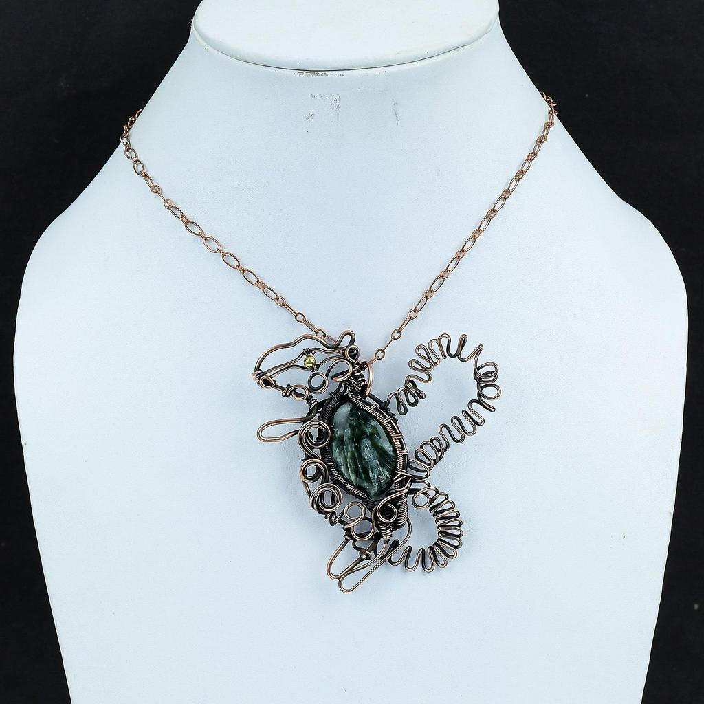 Подвеска из серафинита, обернутая медной проволокой, ювелирные изделия из драгоценного камня серафинита, чудесная подвеска в виде кролика, медные украшения ручной работы, подарки для жены