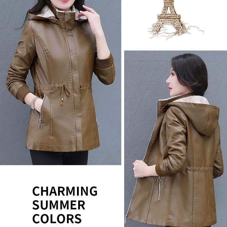 Autumn Winter Women's Fleece Leather Jacket Slim Plus Velvet Hooded Leather Biker Jacket Thick Flocked Leather Coat