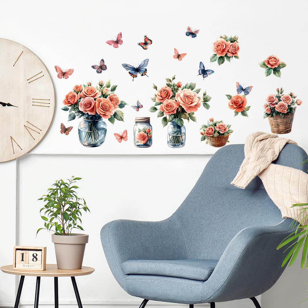 Painted Rose Vase Butterfly Bedroom Living Room Wardrobe Home Background Beautification Decoration Stickers