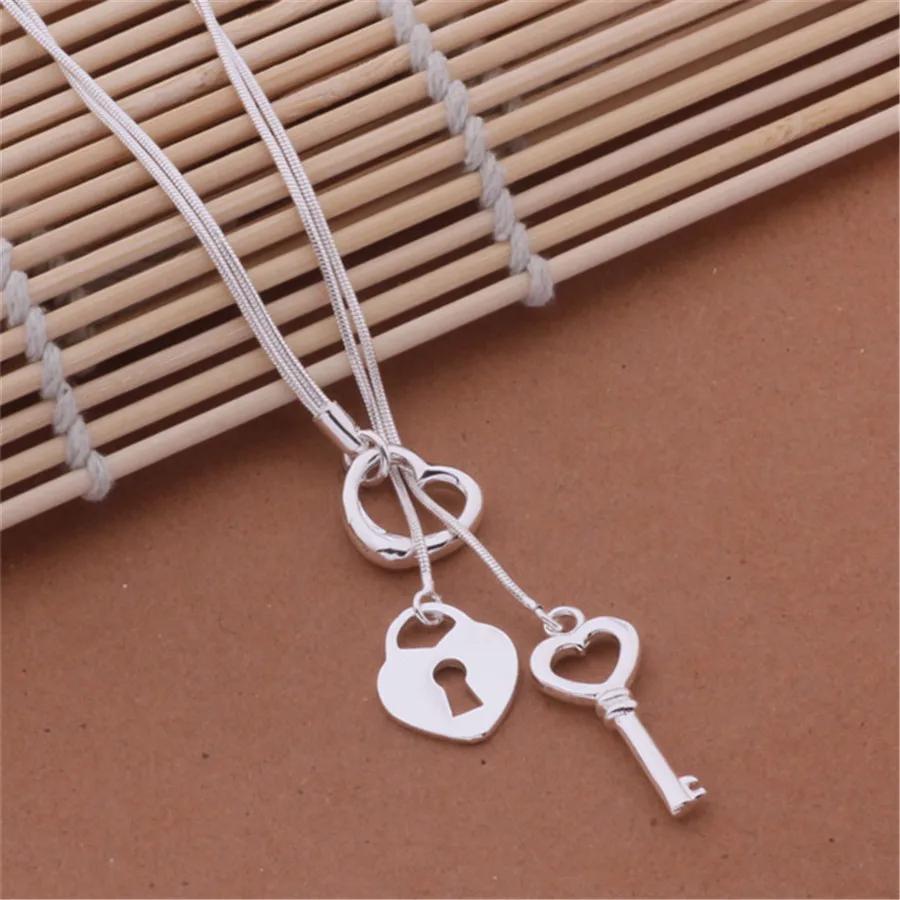 Charms 925 Silver Special Key Love Heart Chain Necklace For Women Wedding Fashion Costume Jewelry Couple Gifts