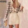 Женские модные повседневные костюмы с юбкой с клетчатым принтом, с длинным рукавом, V-образным вырезом, для весны и осени