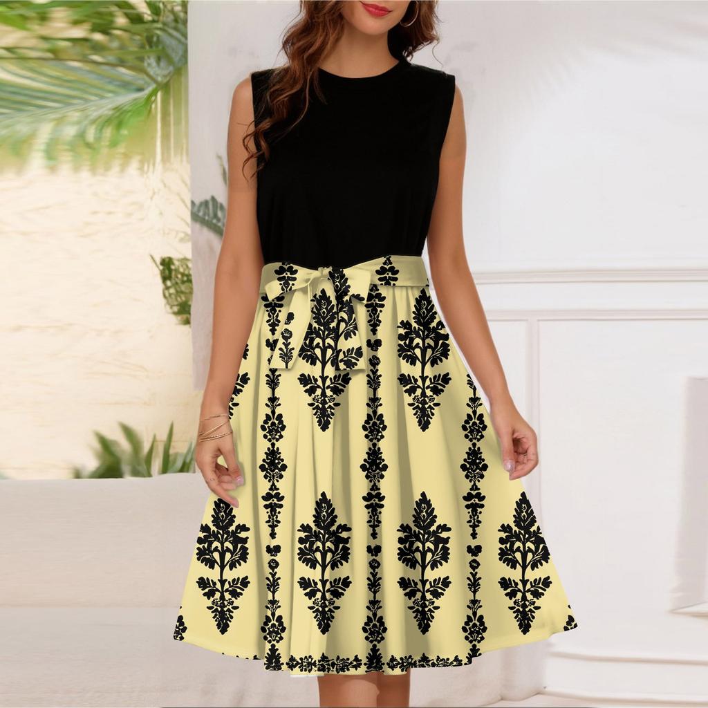 Женское модное повседневное короткое платье без рукавов со шнуровкой и круглым вырезом