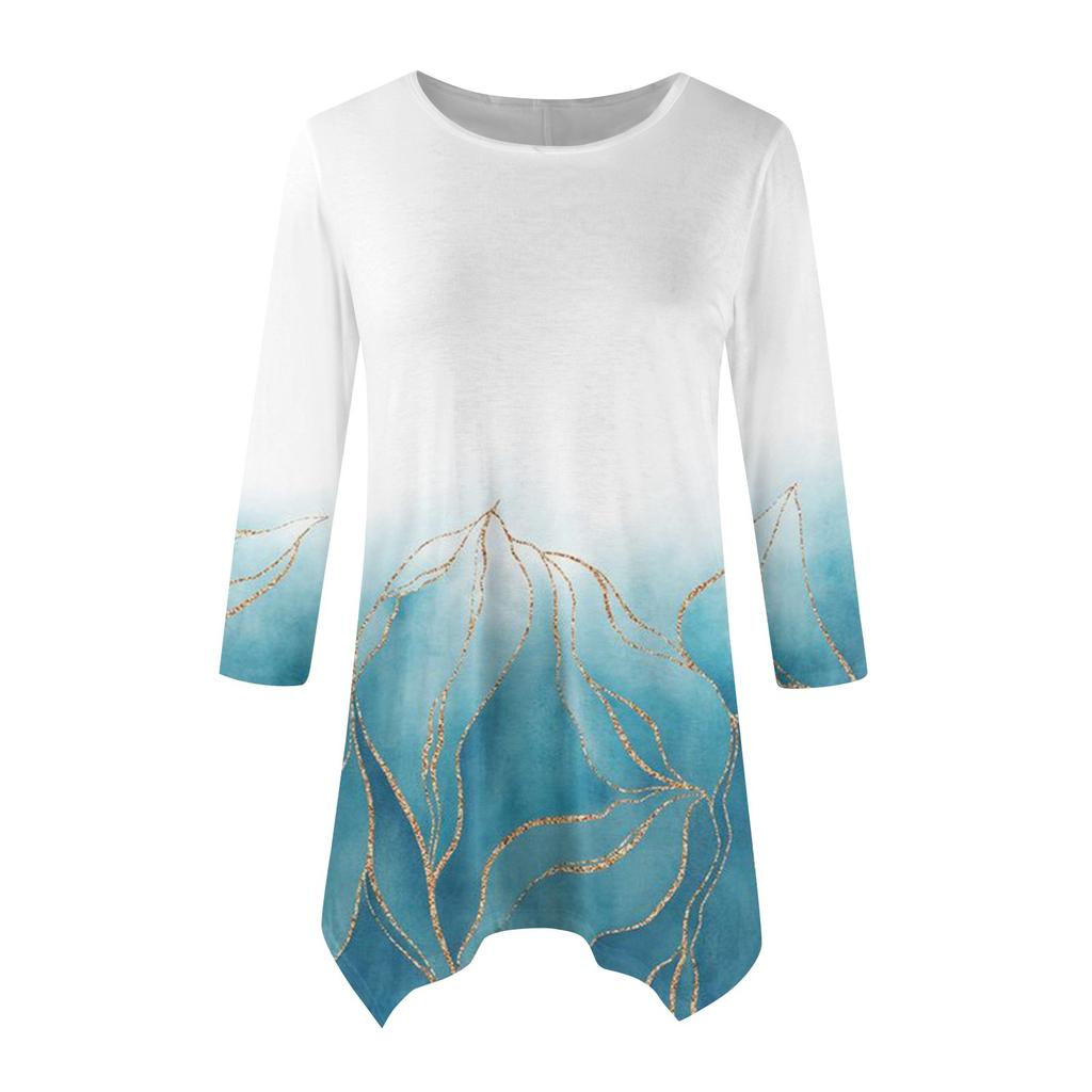 Женская модная повседневная рубашка с круглым вырезом и цветочным принтом, рукавами-семью, свободным удобным топом с поясом