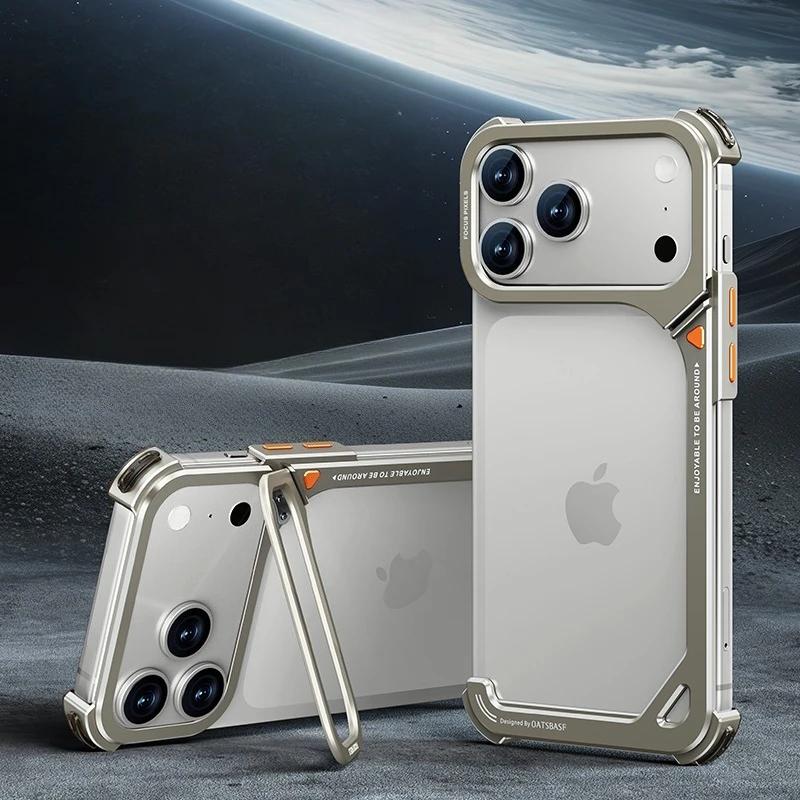 Oatsbasf 9-Shaped Metal Frameless Phone Case for iPhone 17 Pro Max/Pro/Air with Stand Magsafe Minimalist Bumper Shockproof Cover