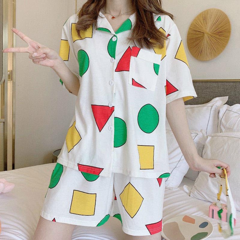 WeChat new short-sleeved pajamas women's summer lapel cute geometric loungewear Japanese and Korean popular shorts set