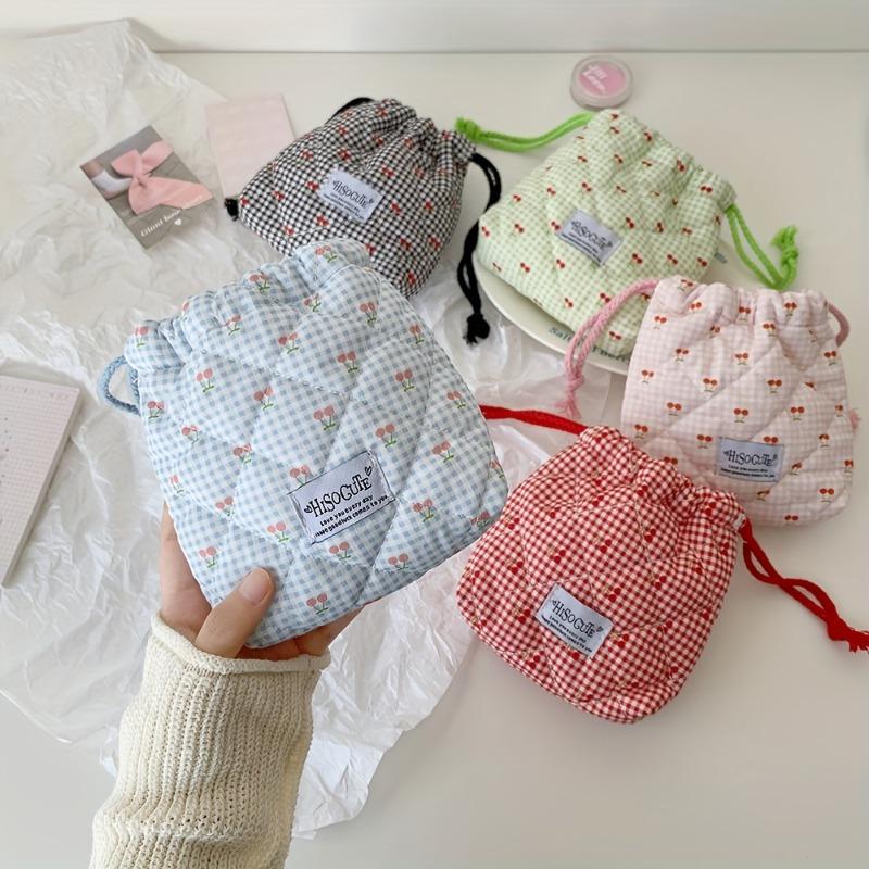 Cute Quilted Cherry Drawstring Pouch, Foldable Portable Storage & Makeup Bag, Ideal Holiday Gift