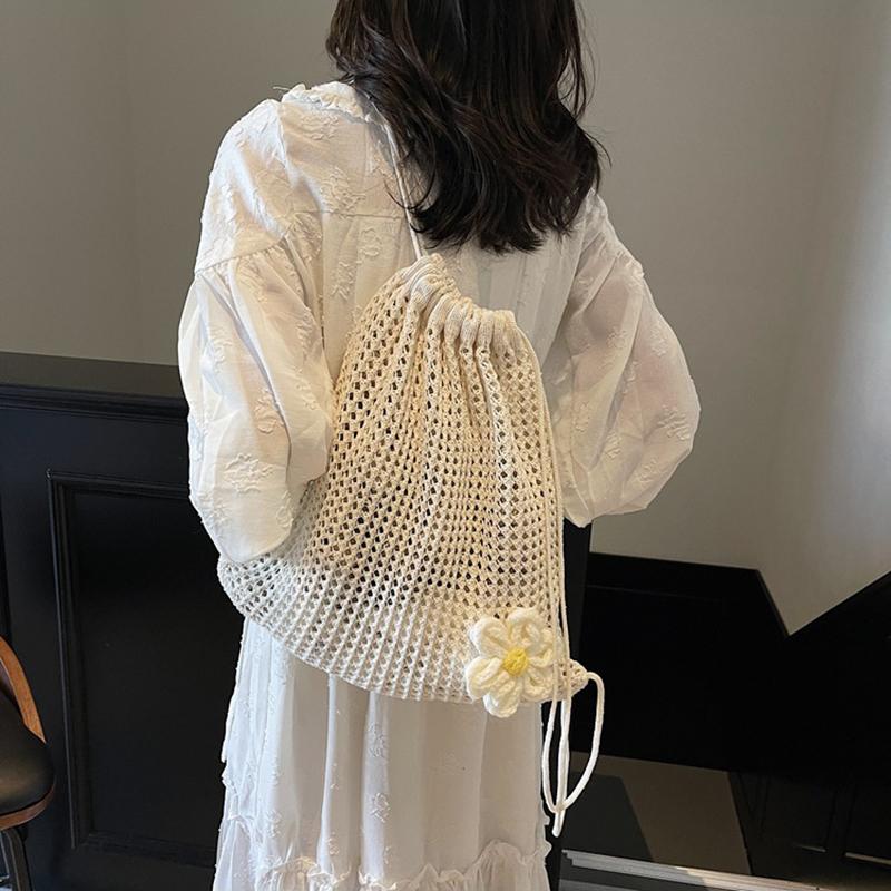 Yogodlns Модная однотонная вязаная крючком сумка на плечо с цветочным декором, плетеная женская пляжная праздничная сумка-ведро с выемкой, большая вместимость, рюкзак