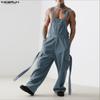 Men Suspender Drop-crotch Corduroy Jumpsuits Long Baggy Cargo Overalls Dungarees