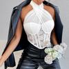 Mesh Lace Flower Corset Transparent Neck Halter Crop Tops Fishbone Corset Camisole Spring Summer