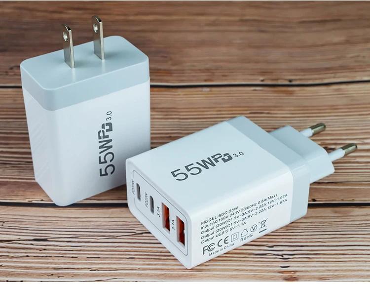 55 Вт GaN USB-зарядное устройство Быстрая зарядка EU/US/UK/AU Вилка Адаптер для зарядки телефона Для iPhone Xiaomi Samsung QC 3.0 Type C PD Настенное зарядное устройство