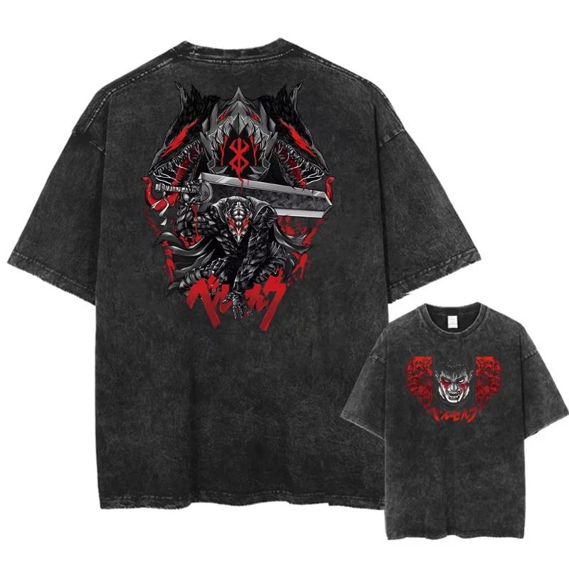 Винтажная футболка Харадзюку Уличная одежда Японское аниме Графический принт Выстиранная Футболка с коротким рукавом Оверсайз Мужские футболки Топ Унисекс